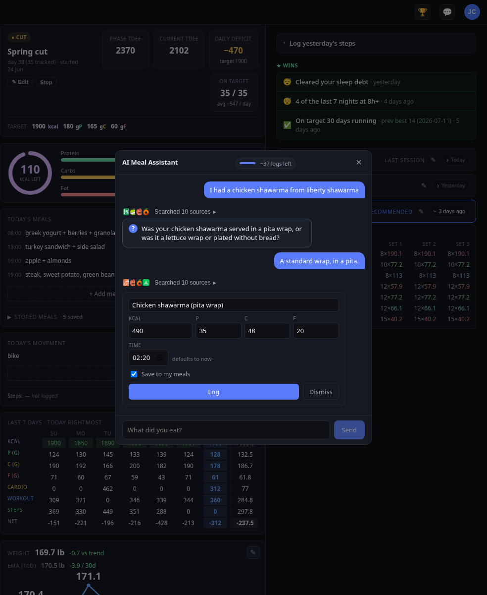 The AI meal assistant parsing a plain-language meal description into editable macro entries.
